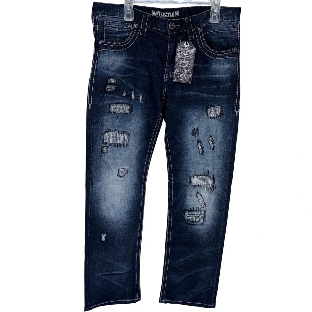 New Mens‎ Affliction Blake Blue Jeans Size 34 Distressed Style Grunge Straight